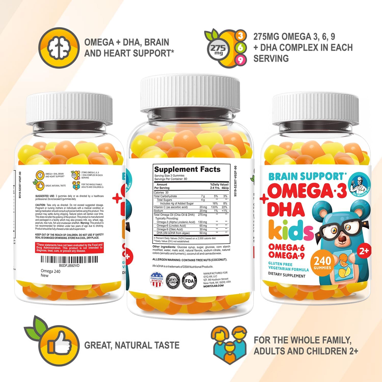 DR. MORITZ Vegan Omega 3 Gummies for Kids and Toddlers (240 Count), Kids Omega 3 Gummies for Brain & Heart Health, No Fish Oil & Gluten Free