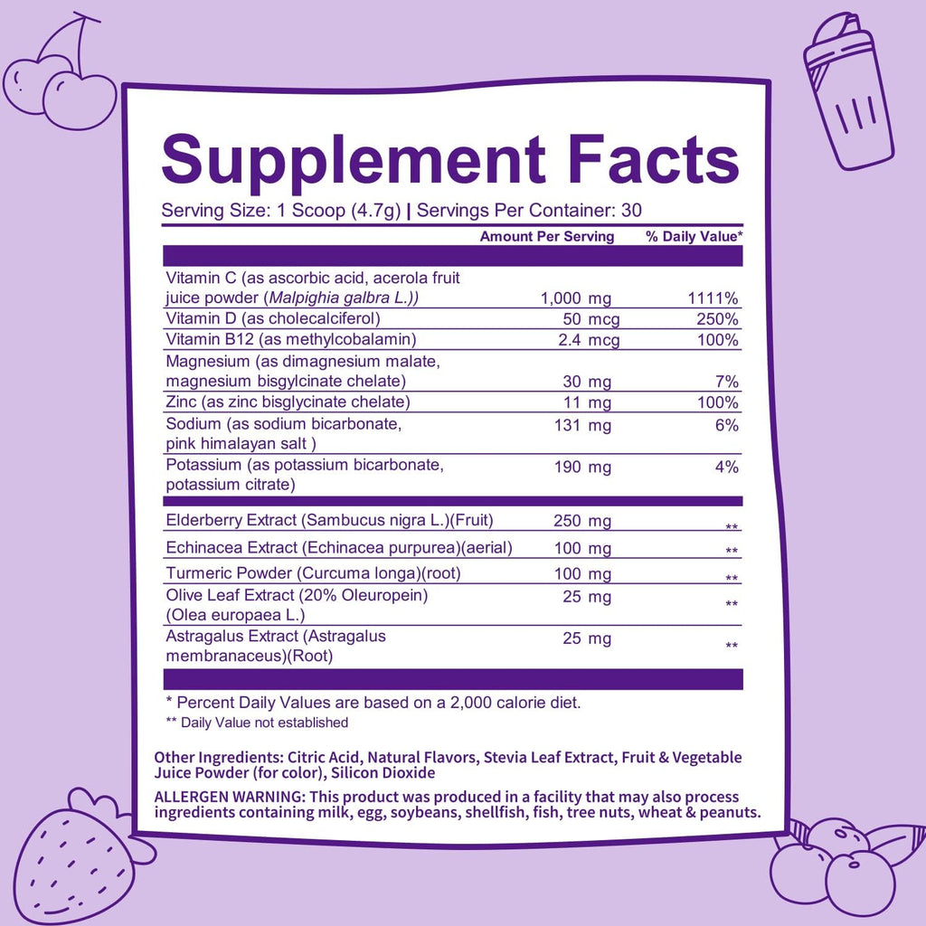 GOBIOTIX Vitamin C - Immune Defense Support Supplement - Immunity Powder Wellness Booster - Vegan Superfood - Elderberry, Turmeric, B12 Vitamin Supplement, Non-GMO and Sugar Free (Berry)