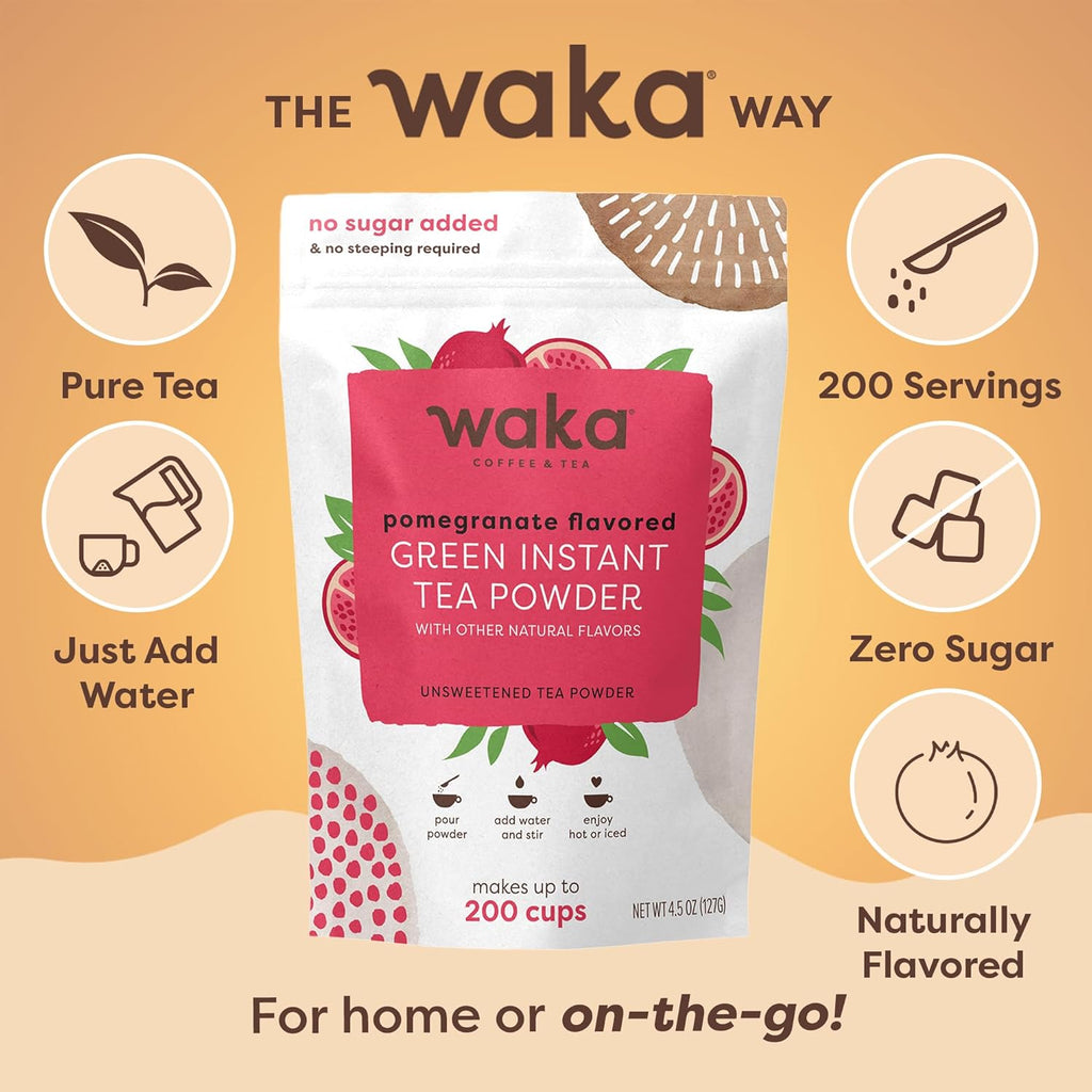 Waka Instant Green Tea Mix, Pomegranate Flavored - 100% Tea Leaves, No Additives, Unsweetened Tea Powder in Bulk Pouch – Easy Quick Hot and Iced Teas, Up to 200 Cups (4.5oz)