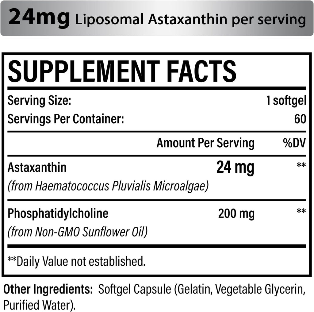 Liposomal Astaxanthin Supplement 24MG, Maximum Absorption, Antioxidant Stronger Than VIT C, Non-GMO & Gluten Free - 120 Softgels(4 Months Supply)