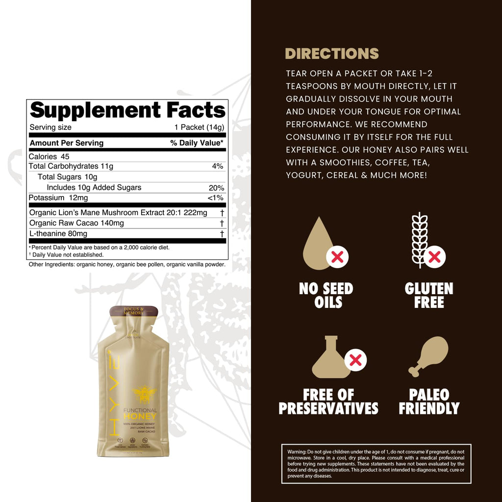 HYVE Mind Functional Organic Honey – Focus & Memory Honey with Lion's Mane Mushrooms, Raw Cacao, Bee Pollen & L-Theanine – Cognitive Support, 15 Packets