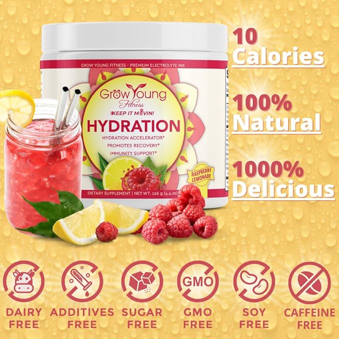 Grow Young Fitness Hydration Powder - Raspberry Lemonade, Premium Electrolyte Mix for Proactive Hydration, Vitamins and Sugar Free (1 Pack, 30 Servings)