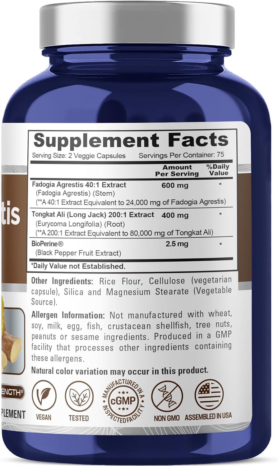 NusaPure Fadogia Agrestis 24,000mg + Tongkat Ali 80,000mg - 150 Veggie Caps - Non-GMO, Made in USA, Serving 2 VCaps, BioPerine