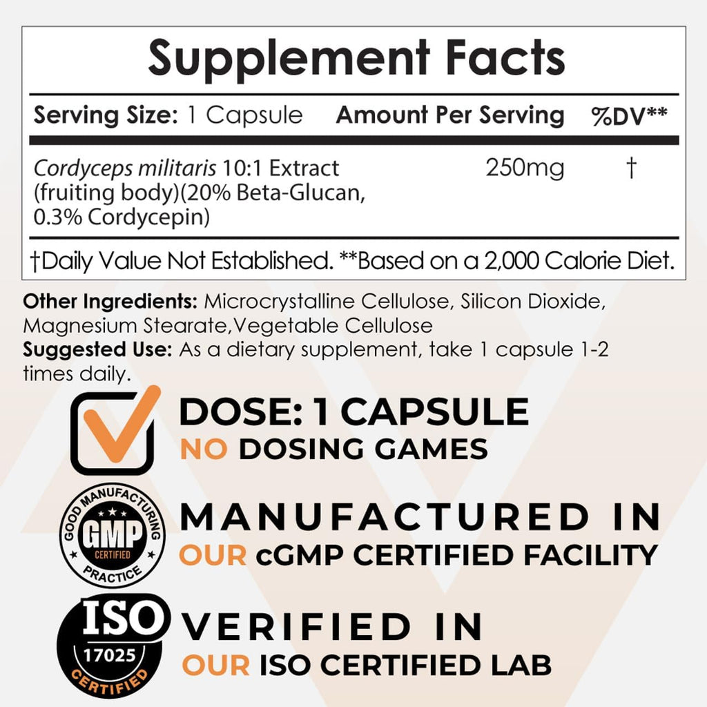 Nootropics Depot Cordyceps Mushroom Capsules |10:1 Whole Fruiting Body Extract | 250mg | 180 Count | Cordyceps militaris