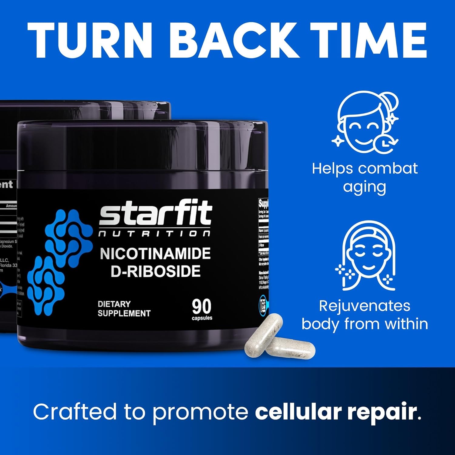 STARFIT - Nicotinamide D-Riboside (2 Pack), Booster NAD+, Energy & Focus Supplement, Anti-Aging Cellular Support, Total 180 Capsules