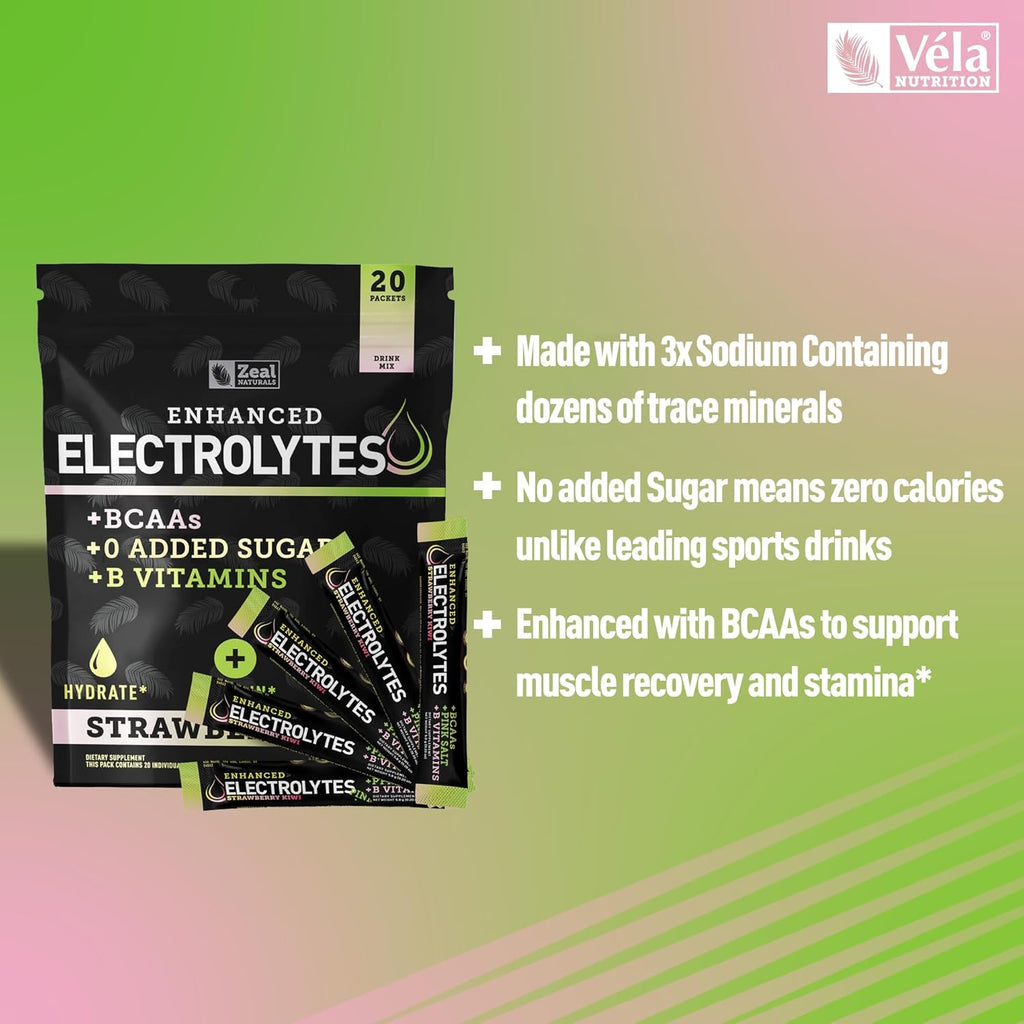 Enhanced Electrolyte Powder Stick Packs (Strawberry Kiwi | 20 Packets) w/ 0 Sugar +BCAAs +B-Vitamins Electrolyte Supplement w Potassium Zinc & Magnesium for Hydration - Keto Electrolytes