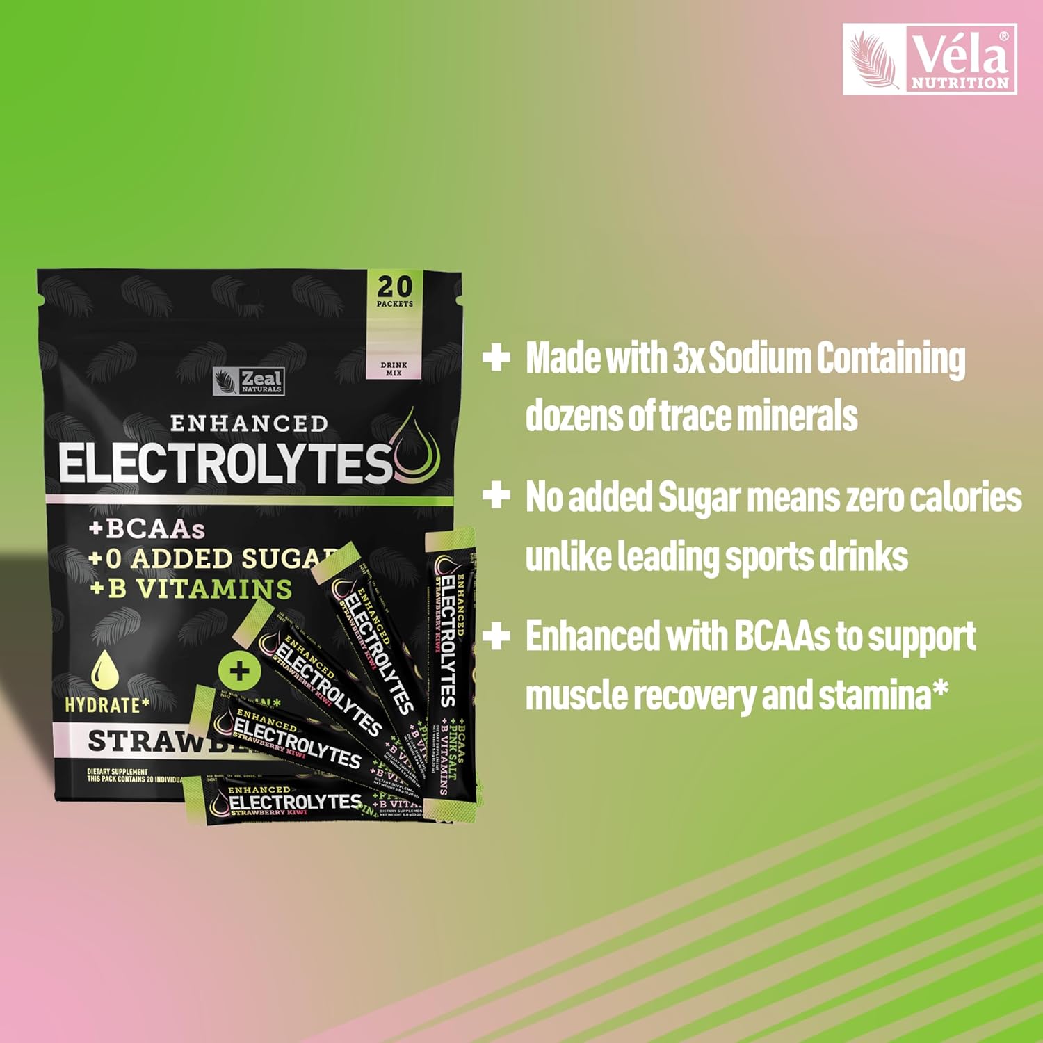Enhanced Electrolyte Powder Stick Packs (Strawberry Kiwi | 20 Packets) w/ 0 Sugar +BCAAs +B-Vitamins Electrolyte Supplement w Potassium Zinc & Magnesium for Hydration - Keto Electrolytes