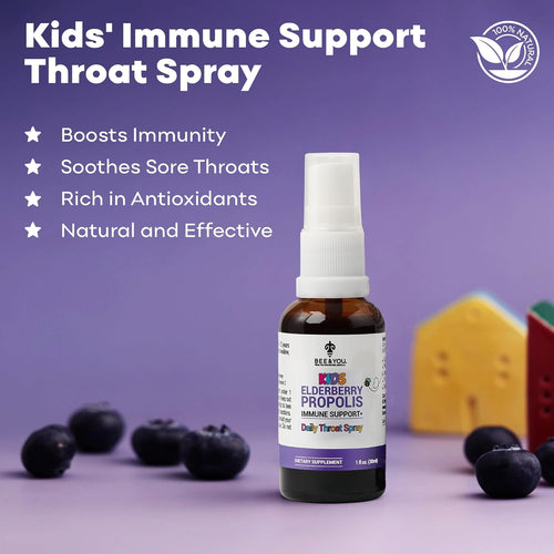 Bee and You, Kids Immune Support Supplement Throat Spray, Elderberry, Raw Honey, Propolis Extract, Vitamin C, Strawberry Juice, Antioxidants, Sore Throat Relief, 1 fl. Oz