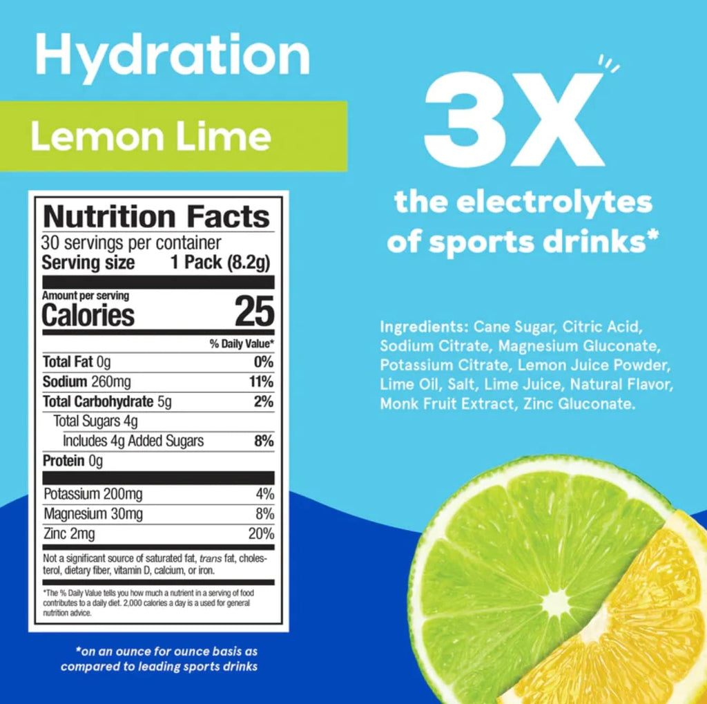 HYDRANT Hydrate, Individual Hydration Electrolyte Powder Stick Packets with No Artificial Sweeteners, Colors, or Fillers (Lemon Lime, 30 Pack)