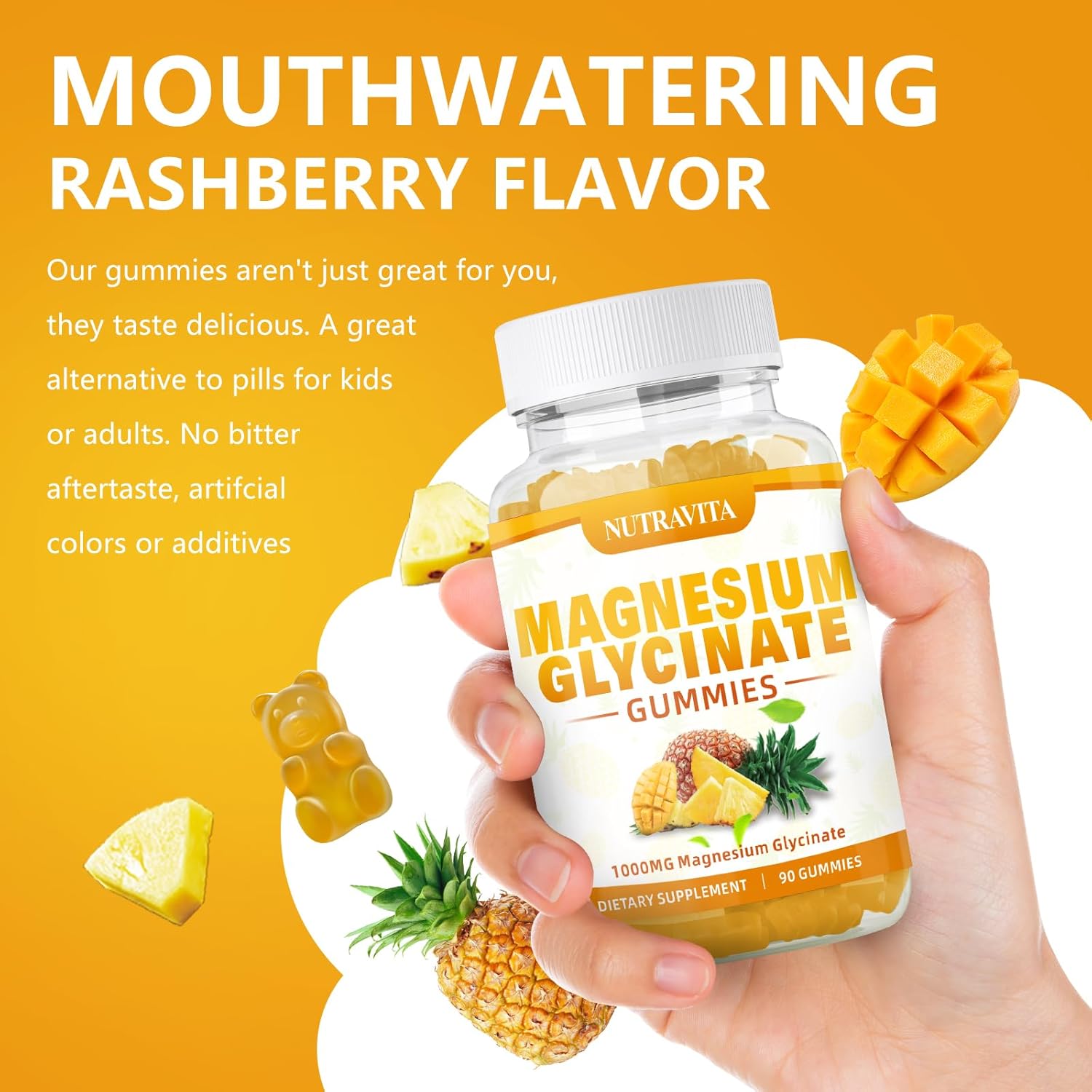 Magnesium Glycinate Gummies 1000mg with Magnesium L-Threonate,Chelated Magnesium Potassium Complex Supplement with VitD, B6, CoQ10, Calcium,Supports for Memory, Calm, Mood-180 Mango Pineapple Gummies