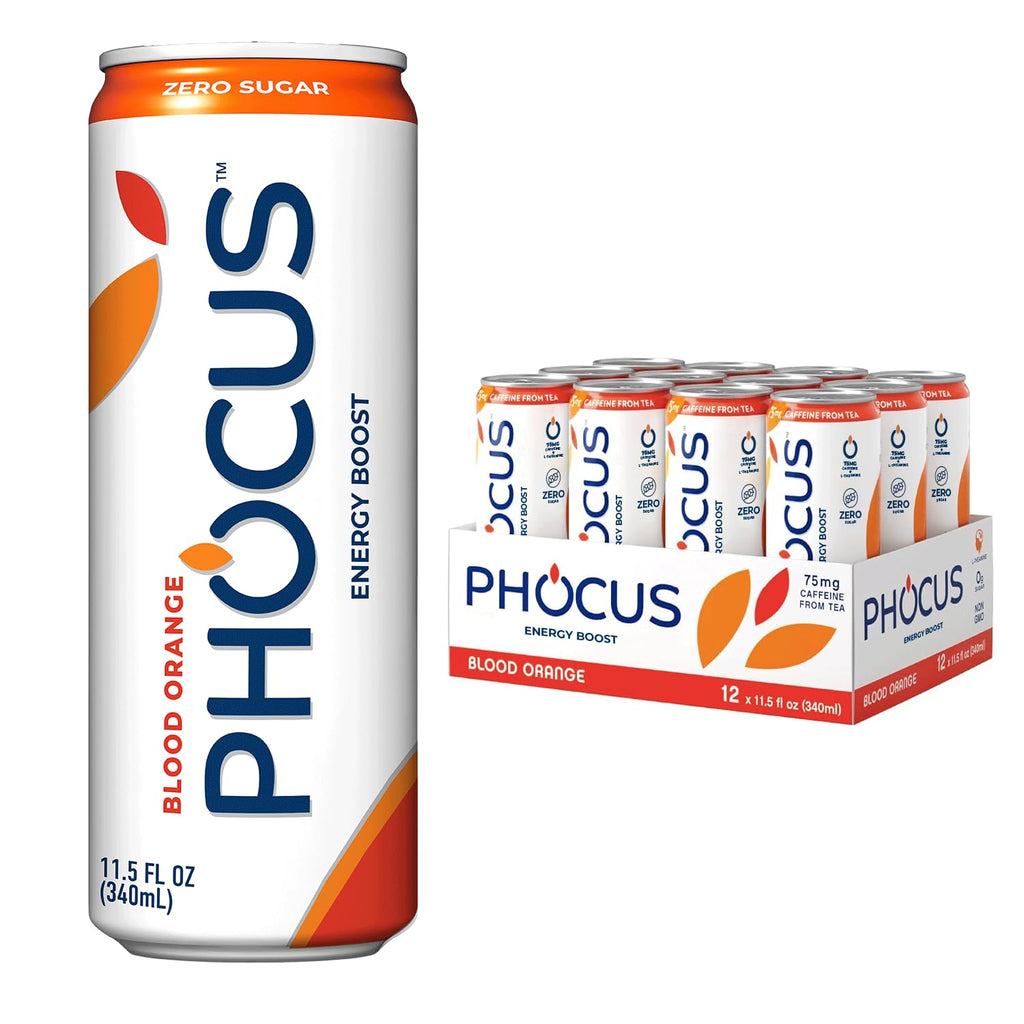 PHOCUS Caffeinated Sparkling Water, Blood Orange, 75mg Natural Caffeine Plus L-Theanine, Zero Sugar, Zero Calories, No Artificial Sweeteners, 11.5 fl oz Cans (Pack of 12)