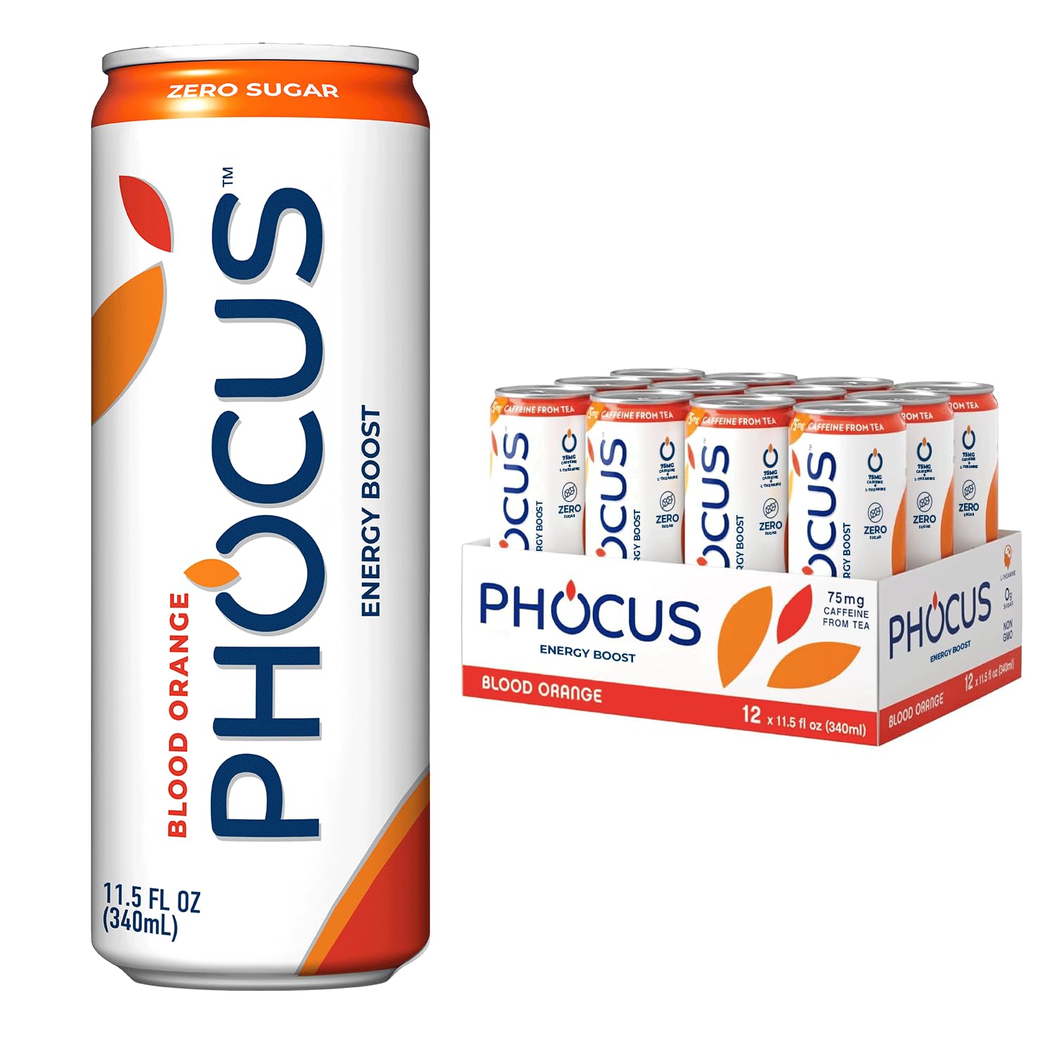 PHOCUS Caffeinated Sparkling Water, Blood Orange, 75mg Natural Caffeine Plus L-Theanine, Zero Sugar, Zero Calories, No Artificial Sweeteners, 11.5 fl oz Cans (Pack of 12)