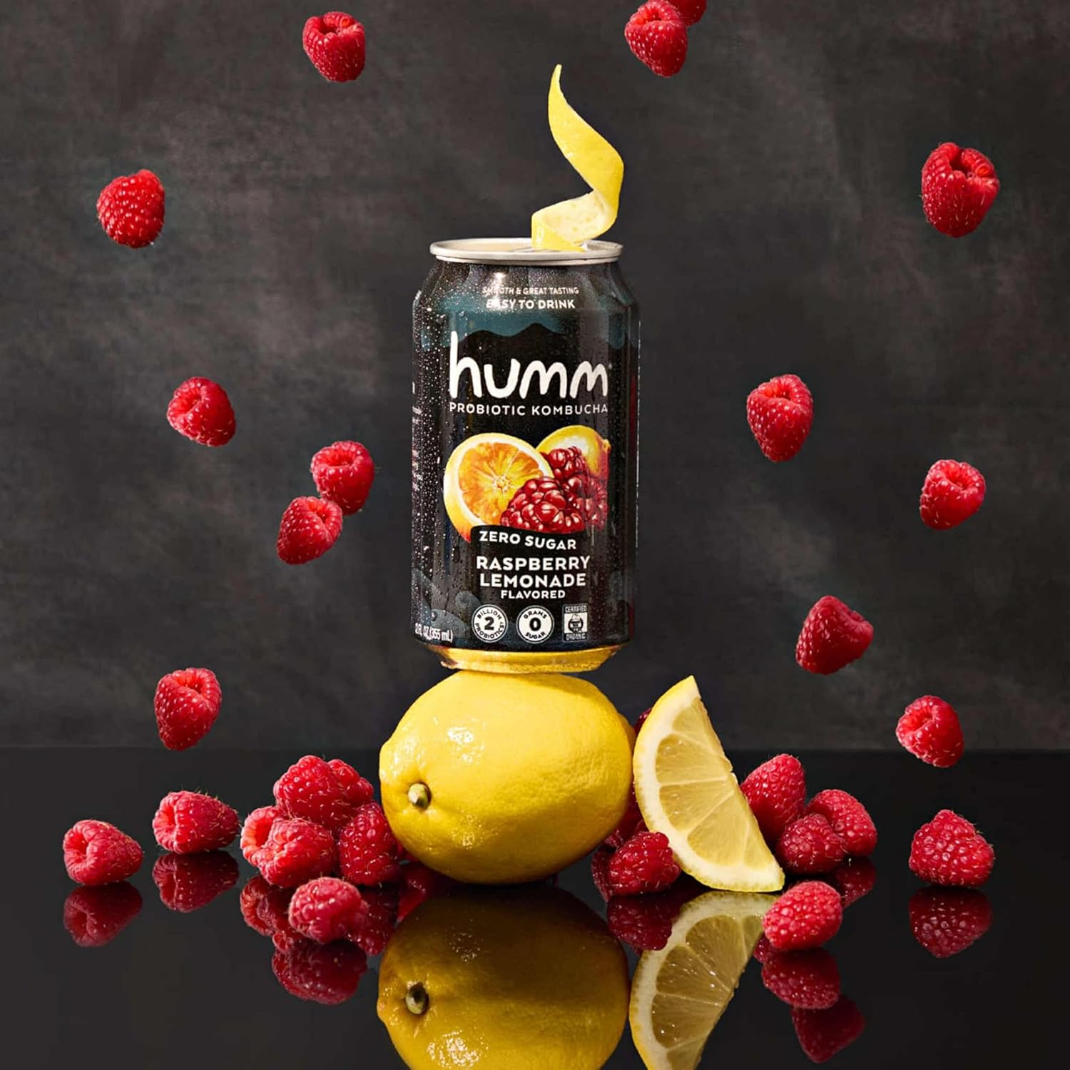 Humm Probiotic Kombucha Zero Sugar Raspberry Lemonade, No Refrigeration Needed, Keto Friendly, Organic, Vegan, Gluten Free, 12oz Cans (8 Pack)