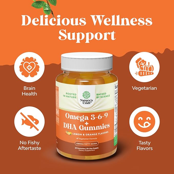 Omega 3 Gummies for Adults - Vegetarian Omega 3 6 9 DHA Gummies for Brain Bone and Heart Health and Joint Support - Burpless Fish Free Plant Based Supplement Men Women - 60 Count