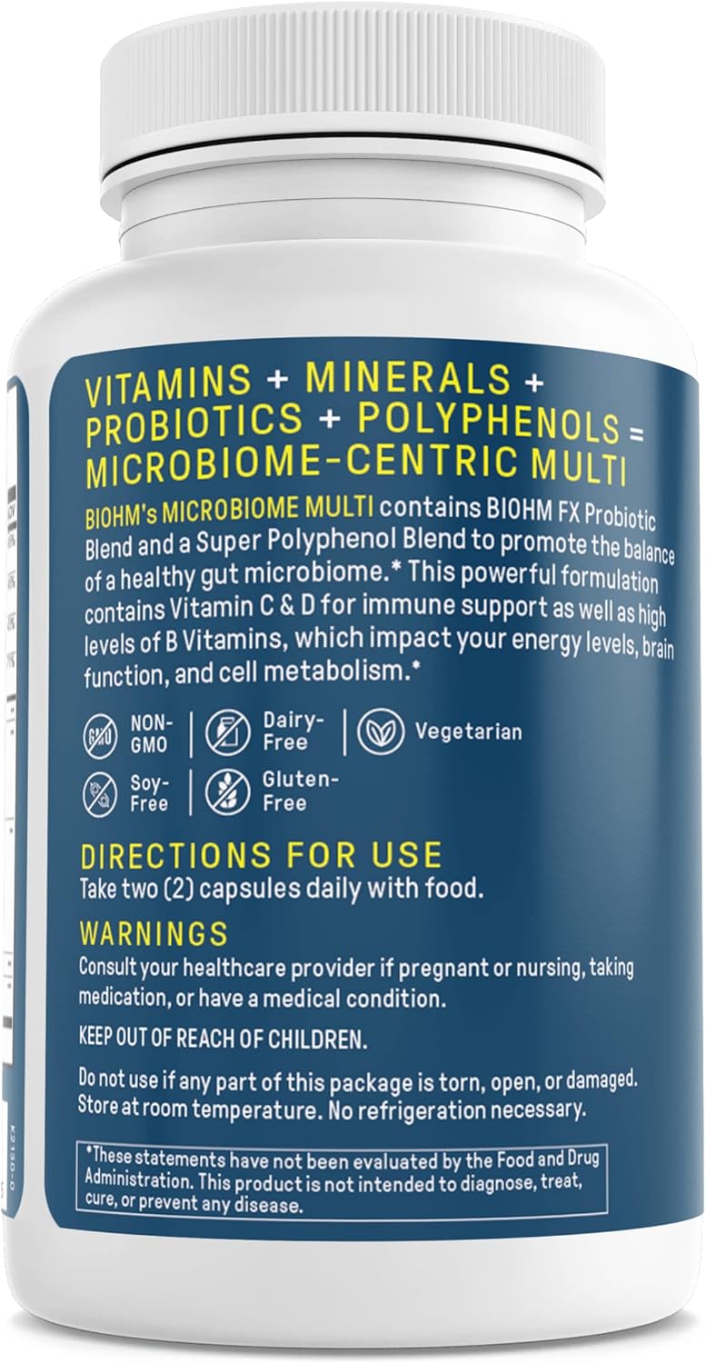 BIOHM Multivitamin for Women & Men, Microbiome Multi with Probiotics (60 Capsules, 30 Servings) 21 Vitamins & Minerals, Green Tea, Glutamine & Antioxidants, Non-GMO, Gluten Free, Vegetarian