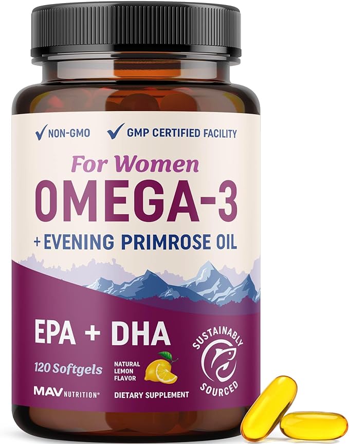 Omega 3 Supplement for Women | Fish Oil with Evening Primrose | Hormone Balance, Skin & Wellness Support | 600MG Omega3 + 800MG Evening Primrose | Fish Oil Omega 3 Supplements for Women | 120 Ct.