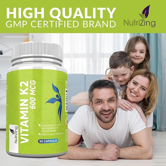 NutriZing K2 Vitamin Supplement MK-7 - High Strength 600mcg - Supports Bone & Arterial Health - 90 Vegan Capsules - Vitamin K2 for Men & Women - 3 Month Supply