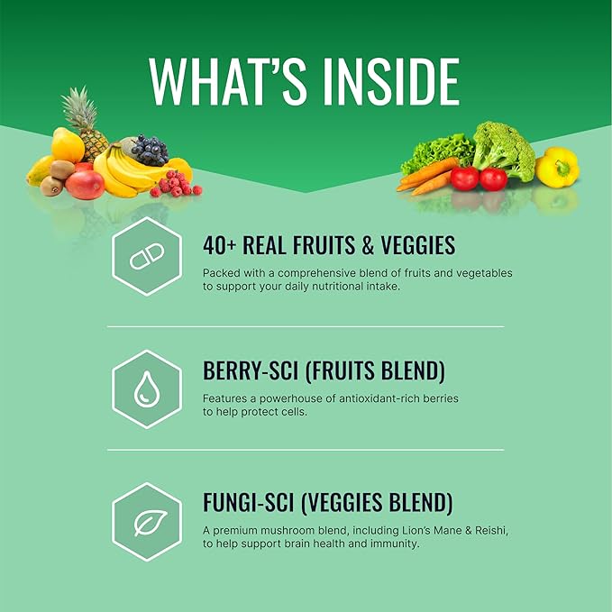 Approved Science Fruits & Veggies - 42 Whole Fruit and Veggie Supplement - Enhanced Health & Vitality - Daily Natural Vitamins, Minerals, Antioxidants - 180 Capsules Each - 2-Month Supply
