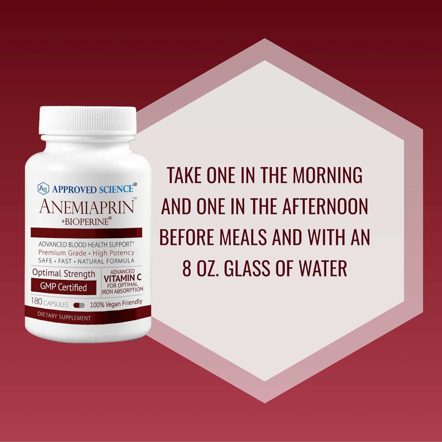 Approved Science Anemiaprin - Absorbable Iron, Vitamin C - Gentle On Stomach - 120 Capsules - 2 Month Supply - Non-GMO, Vegan