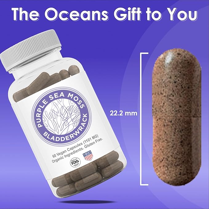 Purple Seamoss + Bladderwrack Seaweed Capsules - 2202mg Complete Nutrient Profile, Wildcrafted & Wildharvested, Made in the USA, Rich in Minerals, 60 ct