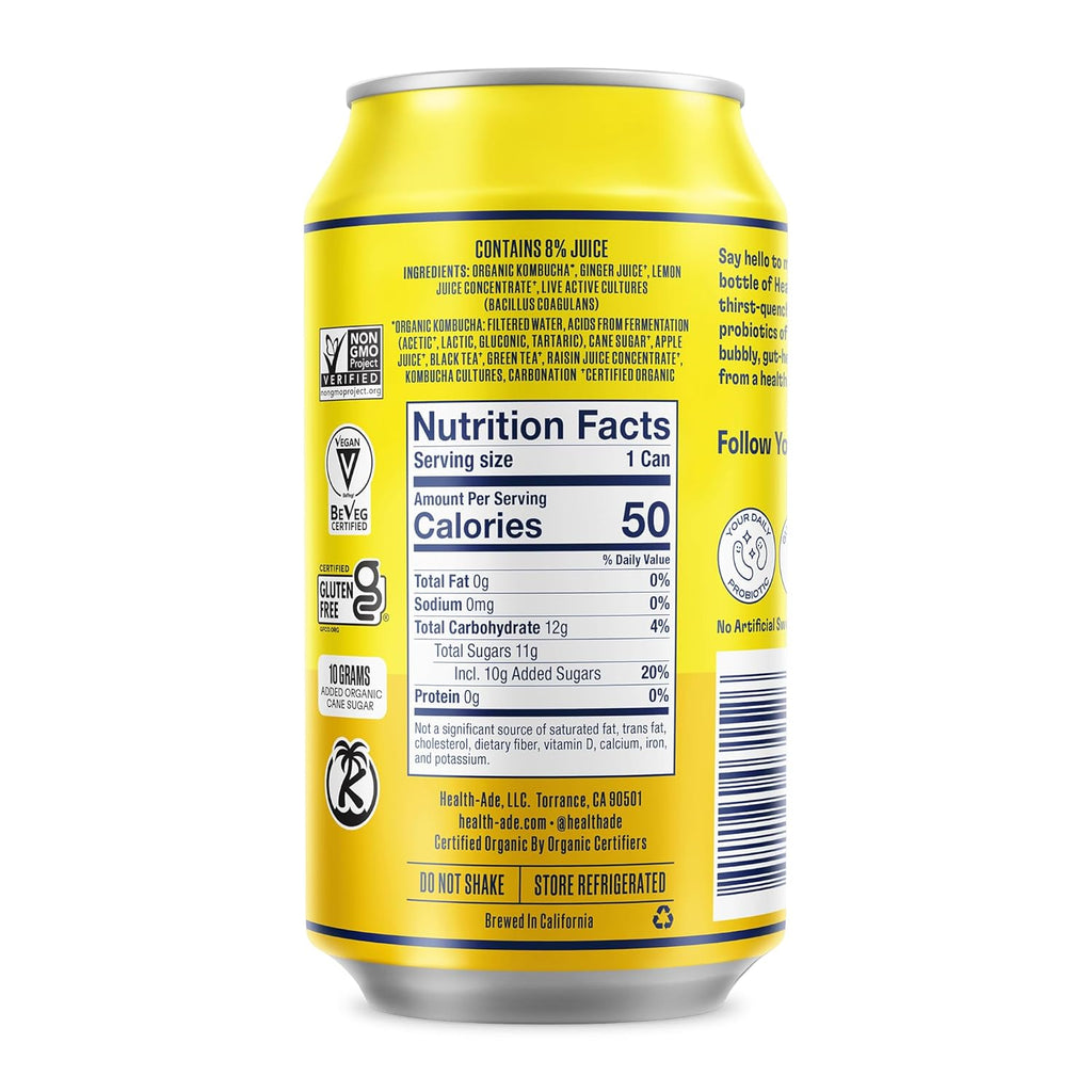 Health-Ade Ginger-Lemon Kombucha, Organic Drink, 12-Pack (11.5 Fl Oz Cans) - Fermented Tea with Probiotics, Detoxifying Acids, Supports Gut Health - Non-GMO, Vegan, Gluten-Free