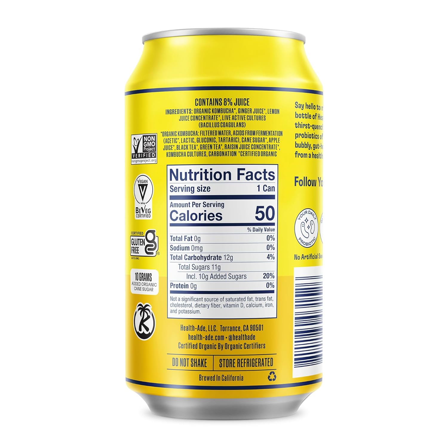 Health-Ade Ginger-Lemon Kombucha, Organic Drink, 12-Pack (11.5 Fl Oz Cans) - Fermented Tea with Probiotics, Detoxifying Acids, Supports Gut Health - Non-GMO, Vegan, Gluten-Free