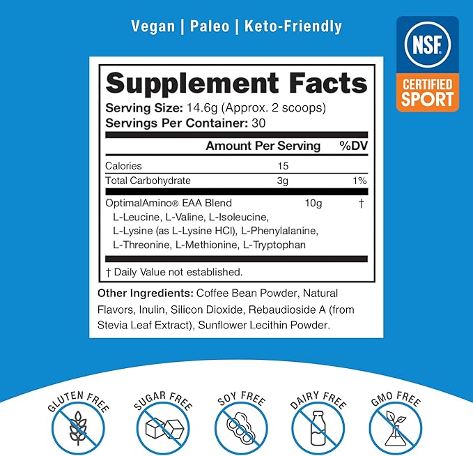 OptimalAmino Amino Acid Powder | 99% Utilized Essential Amino Acid (EAA) Supplement | Pre/Post Workout & Muscle Recovery | NSF for Sport Certified | Iced Coffee Flavor