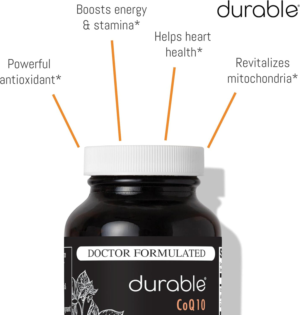 Durable CoQ10 – 300 mg Ubiqsome® CoQ10 Phytosome with 9X Better Absorption, One Per Day Antioxidant for Heart Health, Doctor-Formulated, Made in USA - 30 Day Supply (30 Capsules).
