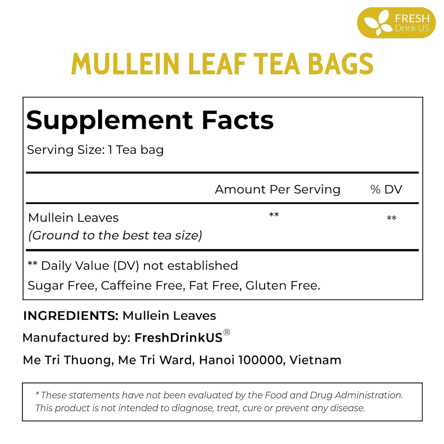 FreshDrinkUS, Premium 40 Mullein Leaf Tea For Lungs, Great Lung Detox For Smokers, Handmade, 100% Natural & Pure, No Sugar, No Caffeine, No Gluten, Vegan