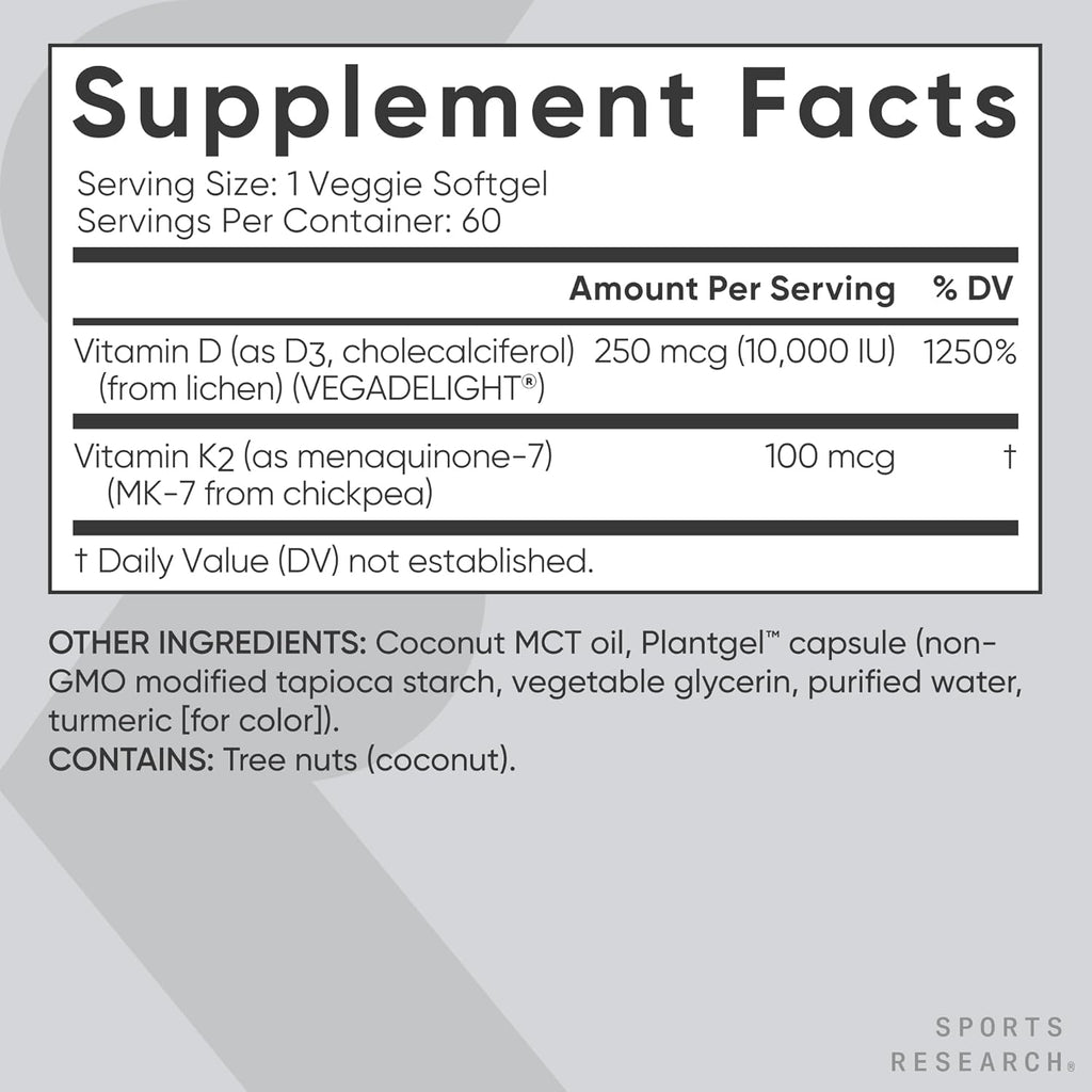 Sports Research® Vegan D3 10,000iu with Vitamin K2 100mg - Formulated with Coconut MCT Oil - Vegan Certified, Soy & Gluten Free - 60 Softgels