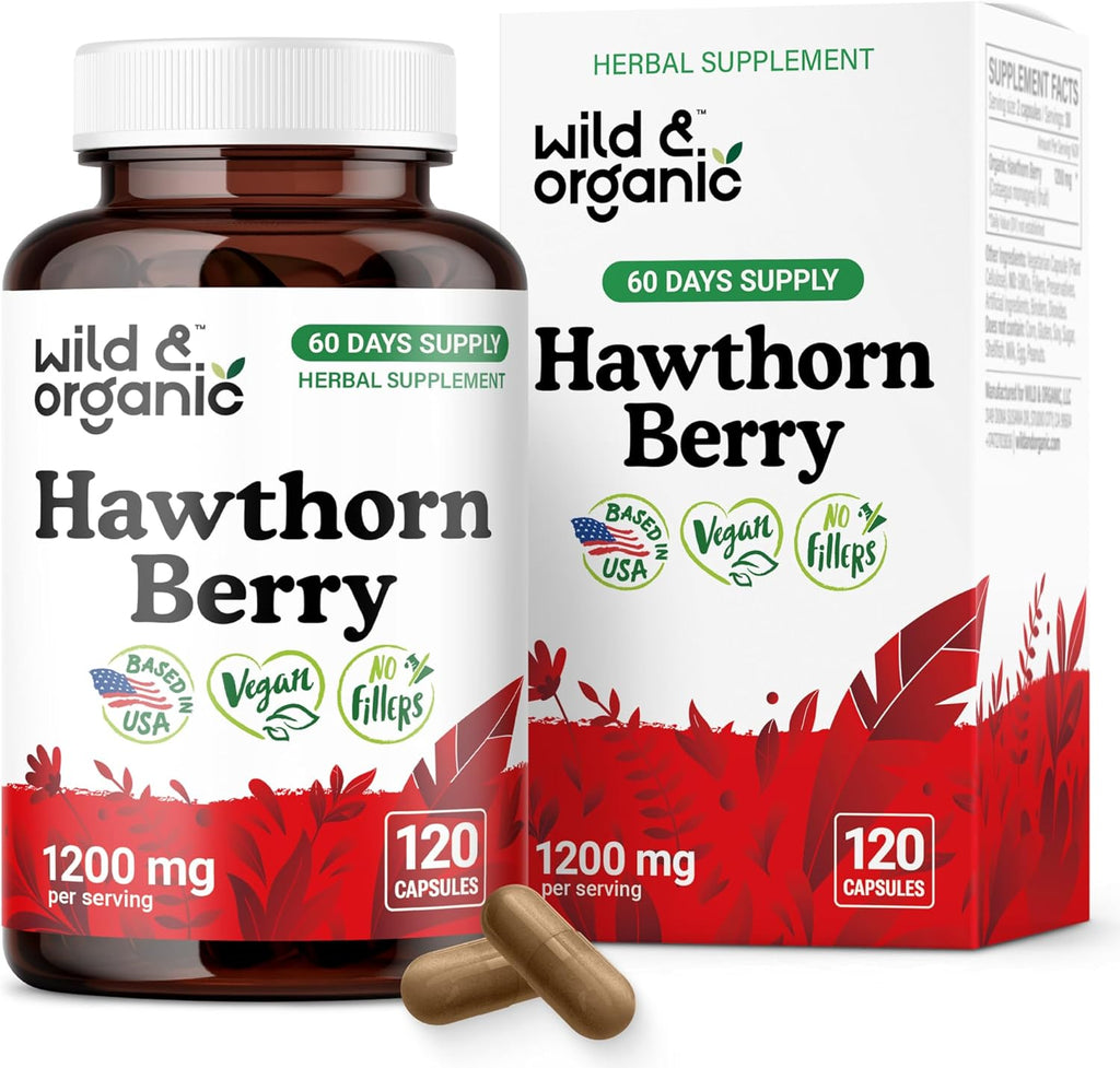 Wild & Organic Hawthorn Berry Capsules 1200 mg - Overall Support - Hawthorn Berry Powder Supplement - Crataegus Monogyna Fruit - 60 Days of Supply - Vegan, No Fillers, Non-GMO - 120 Count