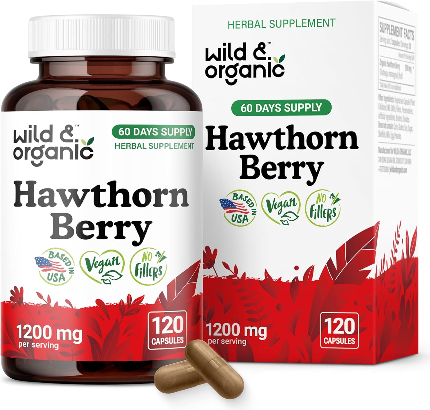Wild & Organic Hawthorn Berry Capsules 1200 mg - Overall Support - Hawthorn Berry Powder Supplement - Crataegus Monogyna Fruit - 60 Days of Supply - Vegan, No Fillers, Non-GMO - 120 Count