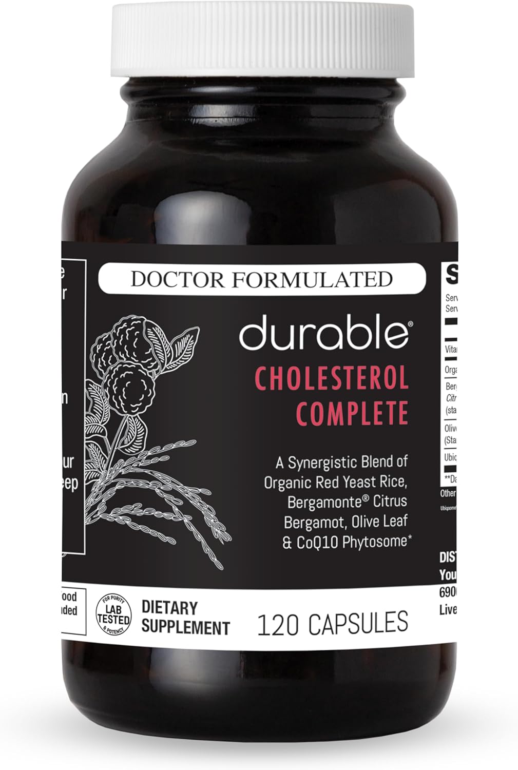 Durable Cholesterol Complete – Organic Red Yeast Rice 1,600 mg + Bergamonte® Citrus Bergamot 1,000 mg + Ubiqsome® CoQ10 + Olive Leaf + Vitamin C – Doctor Formulated, Made in USA (120 Capsules)
