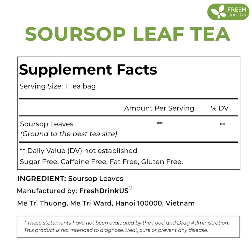 FreshDrinkUS, Premium 33 Soursop Graviola Leaf Tea Bags, 100% Natural & Pure from Soursop Leaves, Hoja Guanabana Herbal Tea. Made with Natural Material Tea Bags. No Sugar, No Caffeine, Vegan.