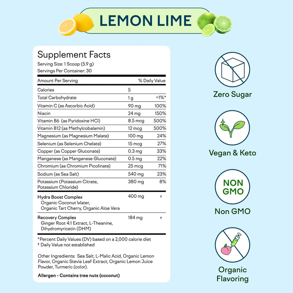 Feel Goods Hydration Hero, 1,000mg Electrolytes Powder, Sugar Free, Magnesium, Organic Aloe Vera, Organic Aloe, L Theanine, Vitamin C & B12, Non GMO, Keto, Vegan | Lemon Lime, 30 Servings
