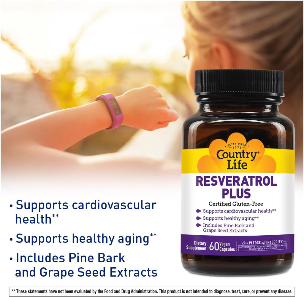 Country Life Resveratrol Plus 1000mg - Organic Antioxidant Supplement with Pine Bark & Grape Seed Extracts - Vegan, Gluten-Free, Non-GMO