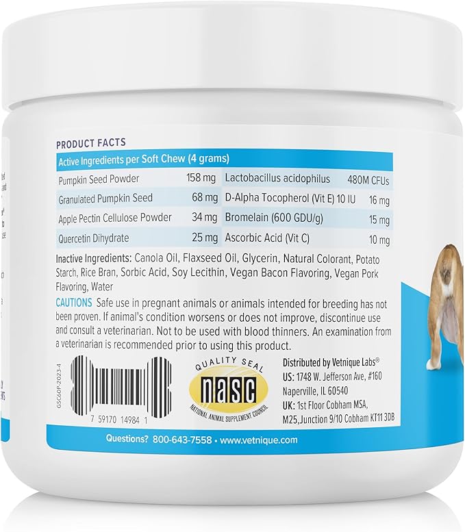 Vetnique Glandex Anal Gland Soft Chew Treats with Pumpkin for Dogs Digestive Enzymes, Probiotics Fiber Supplement for Dogs Boot The Scoot (Bacon Flavor Chews, 60 Count)
