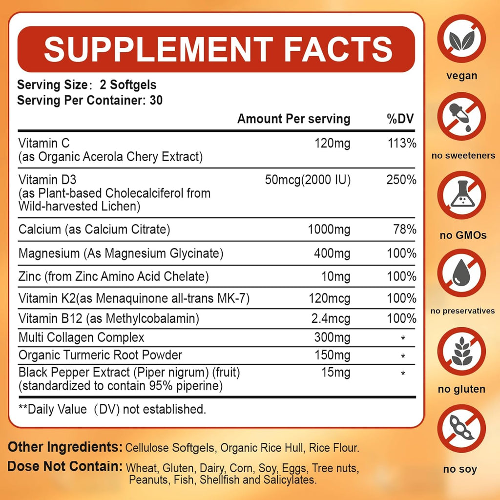 Calcium Magnesium Zinc Supplement with Vitamin C D3 B12 K2, 1000mg Calcium, 400mg Magnesium for Immune Energy Support, Bone Health and Muscle Function Softgels, 120 Count
