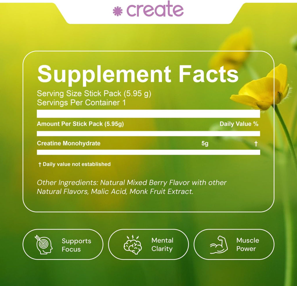 Create Single Serve Creatine Monohydrate Powder – 5g Creapure Creatine | Redefining Strength, Energy & Recovery | Sugar-Free, Vegan, Non-GMO | Mixed Berry | 30 Portable Packets