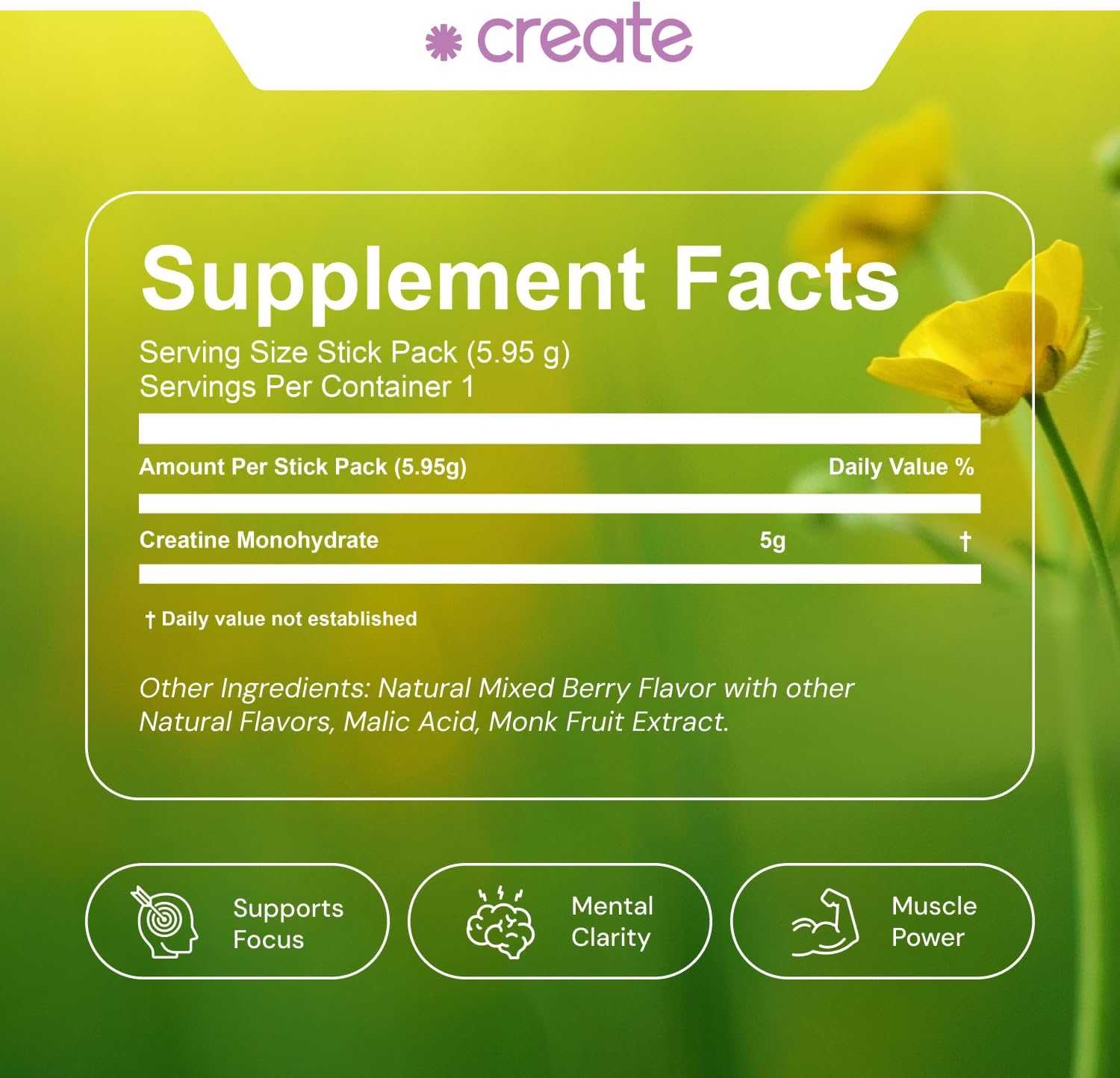 Create Single Serve Creatine Monohydrate Powder – 5g Creapure Creatine | Redefining Strength, Energy & Recovery | Sugar-Free, Vegan, Non-GMO | Mixed Berry | 30 Portable Packets