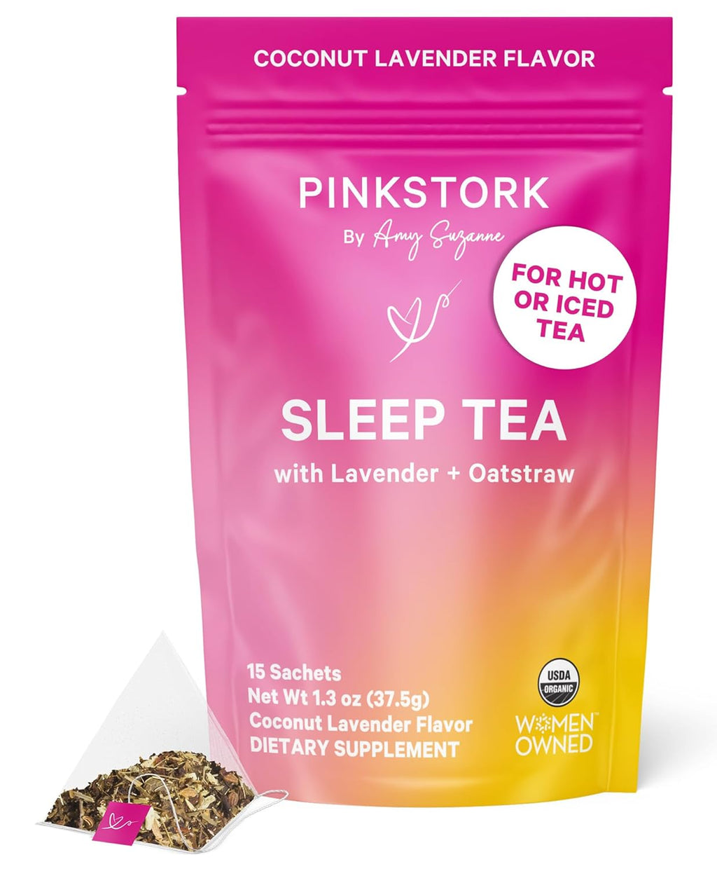 Pink Stork Organic Sleep Tea - Melatonin-Free - Calming Lavender Coconut Herbal Tea to Naturally Support Sleep - Pregnancy Friendly Bedtime Tea, Caffeine-Free - 15 Sachets, Hot or Iced