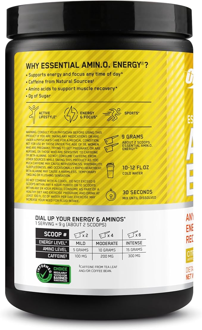 Optimum Nutrition Amino Energy Powder – Energy & Focus Pre Workout with Amino Acids, BCAA, Green Tea Caffeine & Coffee, Muscle Recovery Support – Citrus Sprtiz, 30 Servings (Packaging May Vary)