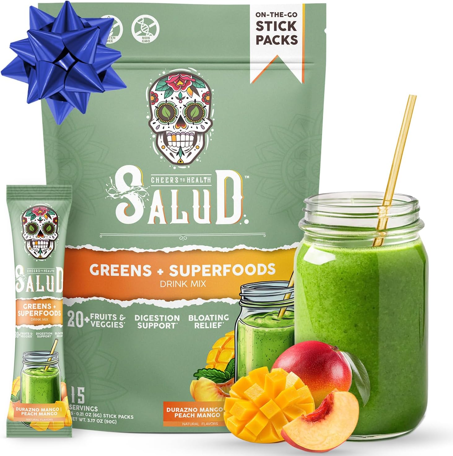 Salud 2-in-1 Greens Powder + Superfood Drink Mix Packets, 20+ Fruits and Veggies, Probiotics, Prebiotics, Supports Digestive Health, Bloating Relief, Vegan, Peach Mango (15 Servings)