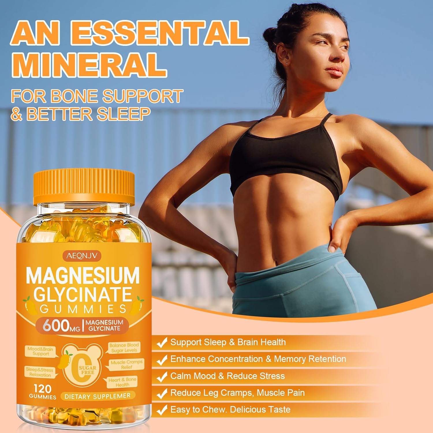 Magnesium Glycinate Gummies 600mg, Chewable Sugar Free Potassium Magnesium Gummies with Magnesium Glycinate, Vitamin D, B6 and CoQ10 for Sleep, Relaxation, Brain & Muscle, 120 Count