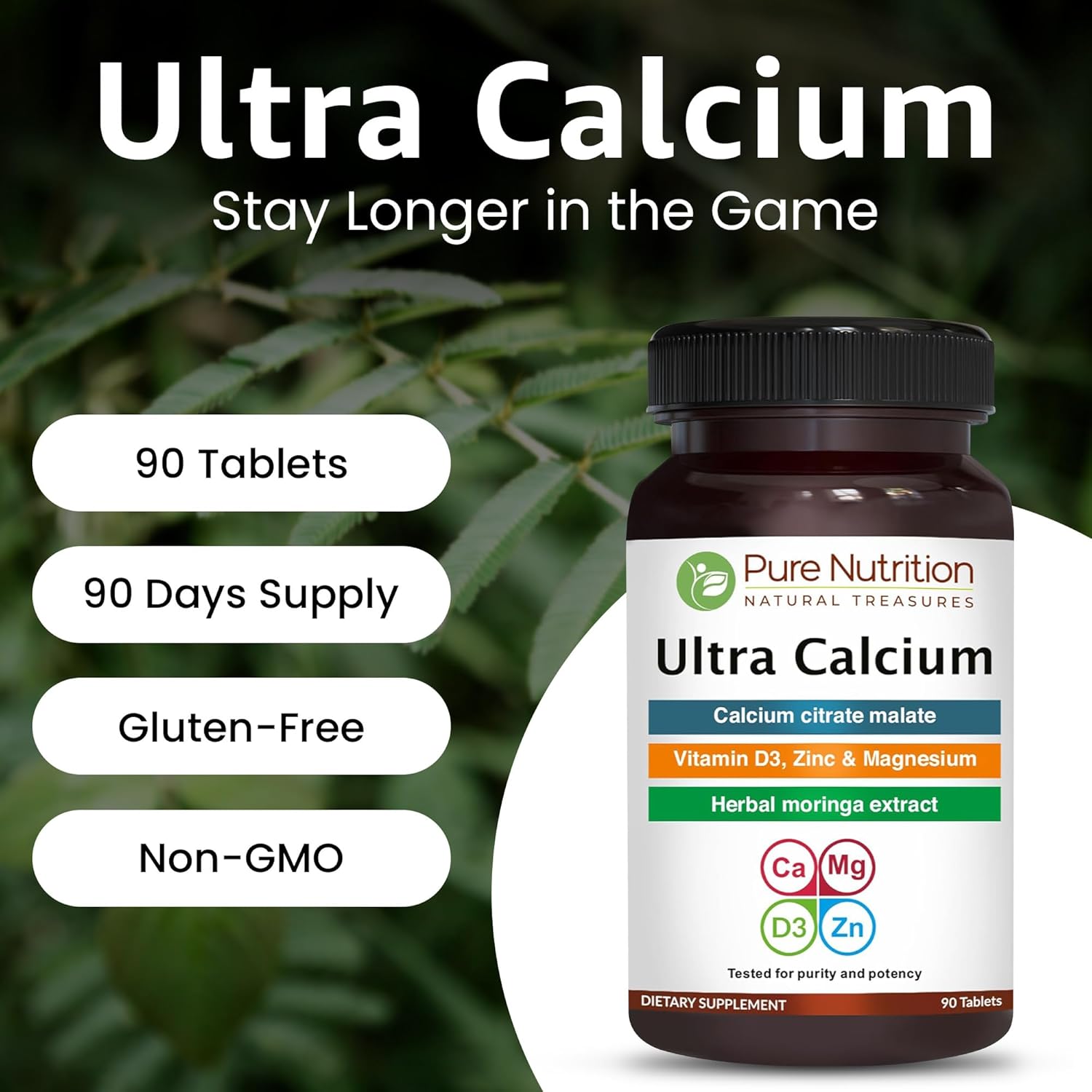 Pure Nutrition Ultra Calcium 1000mg with VIT D3 + K2 | 90 Tab | Highly absorbable Calcium Supplement with Calcium Citrate Malate, VIT D3, K2, Moringa Oleifera, Magnesium and Zinc.