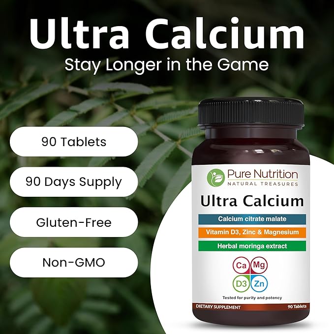 Pure Nutrition Ultra Calcium 1000mg with VIT D3 + K2 | 270 Tabs (90 X Pack of 3) | Highly absorbable Calcium Supplement with Calcium Citrate Malate, VIT D3, K2, Moringa Oleifera, Magnesium and Zinc.