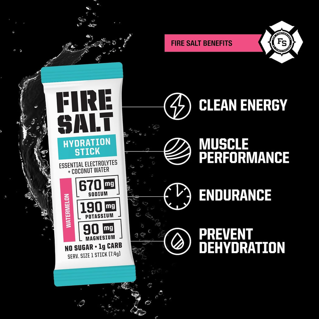 Fire Science Fire Salt Hydration Sticks, Electrolytes & Coconut Water, Hydration Drink Mix with Magnesium, Potassium & Sodium, Zero Sugar, Single Serve On The Go Packs, Watermelon Flavor, 32 Count