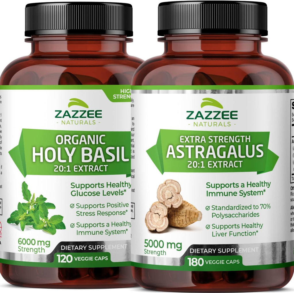 Zazzee Extra Strength Astragalus Root and Extra Strength USDA Organic Holy Basil Tulsi Extract