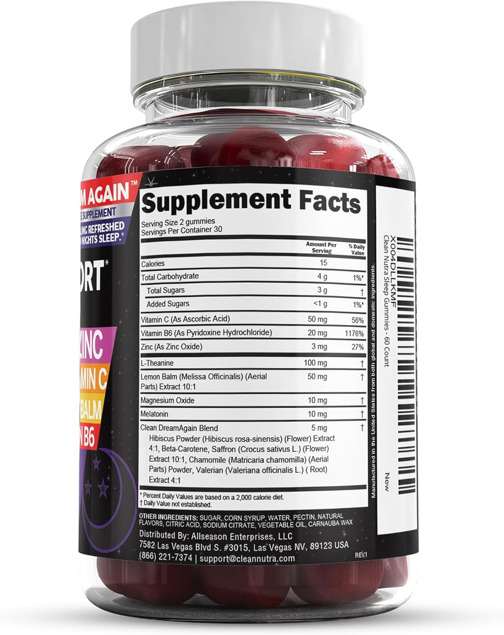 Clean Nutra Melatonin Gummies 10mg | Sleep Aid Valerian Root L-Theanine Vitamin B6 C Lemon Balm Magnesium Hibiscus Beta Carotene Saffron & Chamomile Rest Support Supplement Raspberry Flavor
