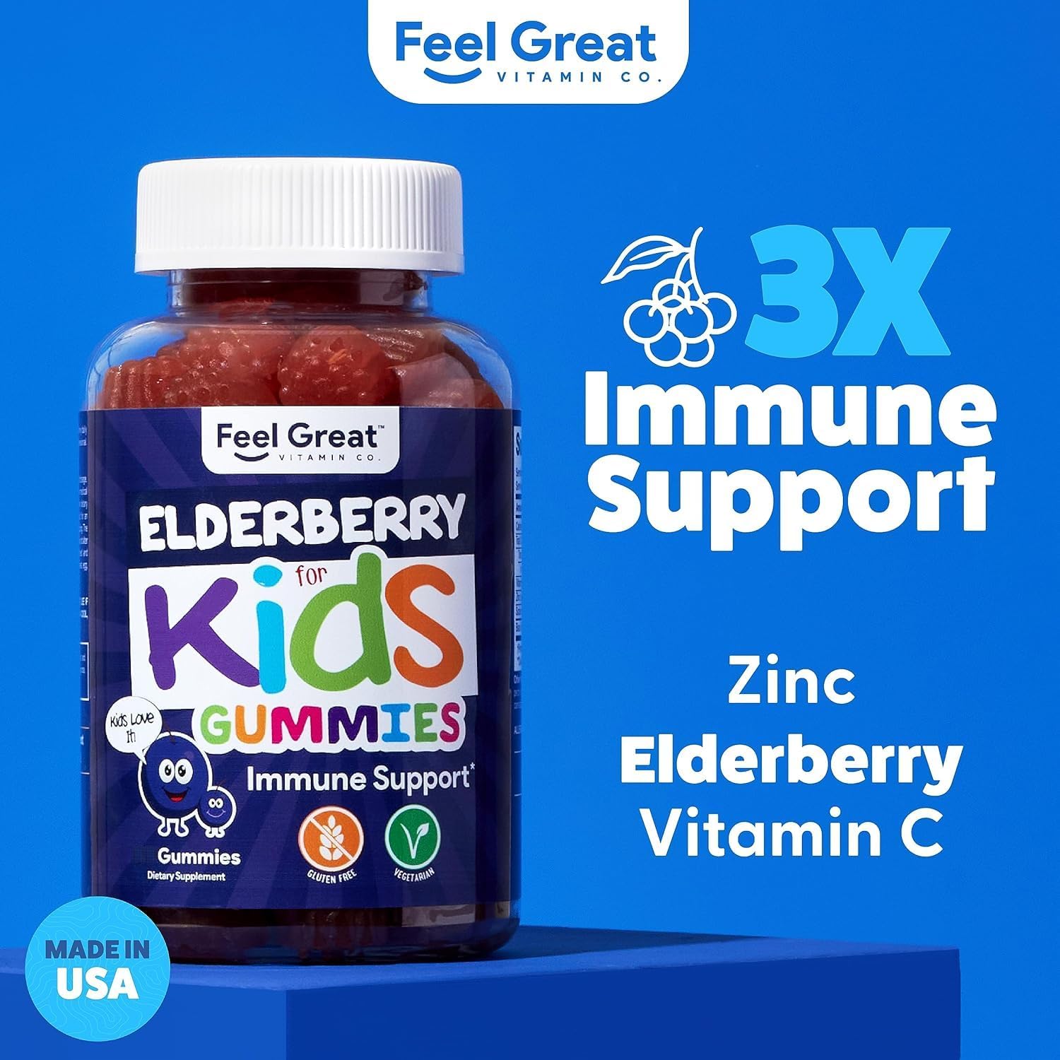 Feel Great Kids Elderberry Gummies with Zinc and Vitamin C | Immune Support Sambucus Elderberry | Berry Flavored Vegan Kids Multivitamins | 60 Day Supply